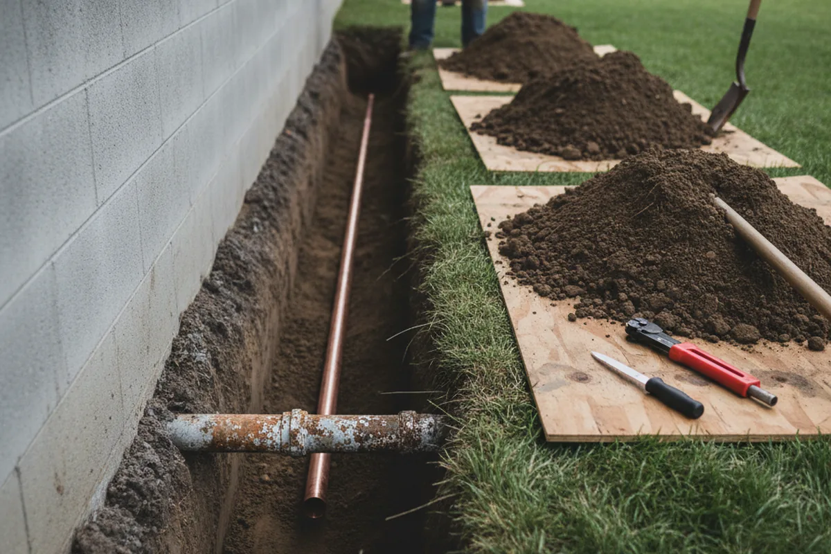 Excavated water line trench during Sewer Line Repair in Tremont